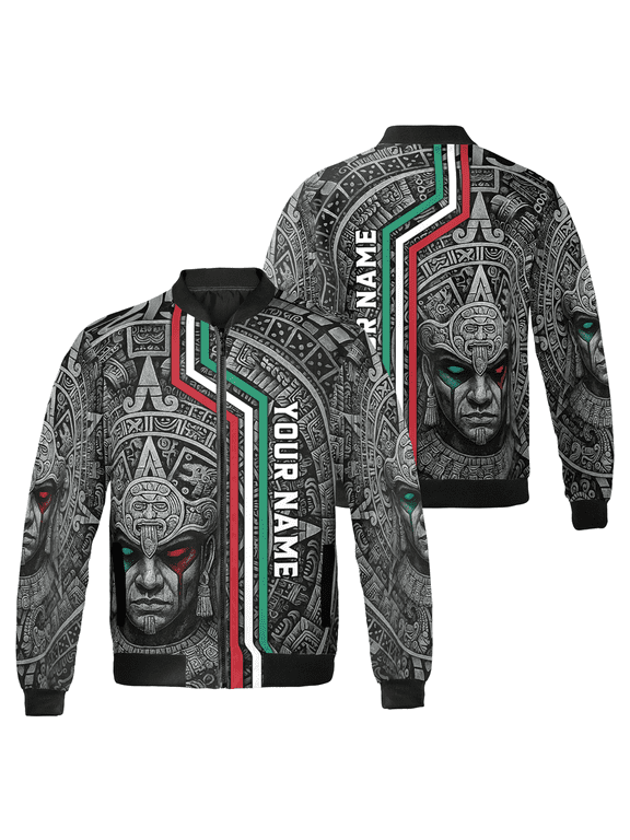 Custom Name Mexican Aztec Warrior Bomber Jacket – Ancient Warrior Stone Pattern, Personalized Mexican Heritage Jacket