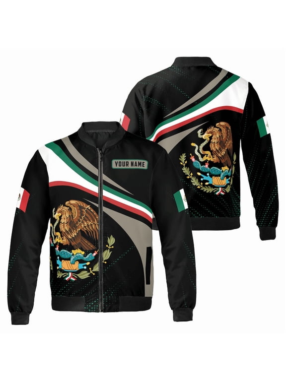 Custom Name Mexican Flag Bomber Jacket – Personalized Patriotic Mexico Eagle Coat for Hispanic Heritage, Independence Day or Casual Wear Outerwear