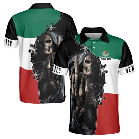 Custom Name Mexico Skull Reaper Mexico Flag Men's Polo Shirt S-5XL