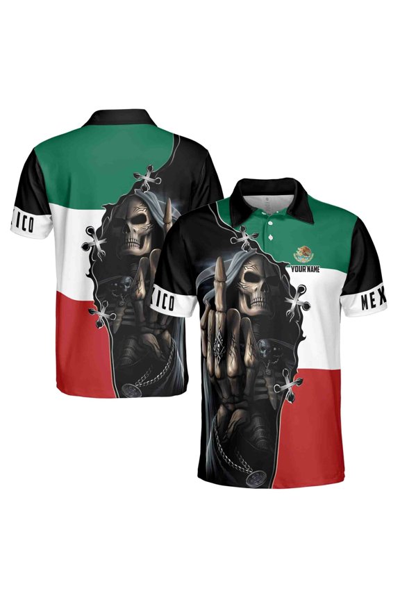 Custom Name Mexico Skull Reaper Mexico Flag Men's Polo Shirt S-5XL