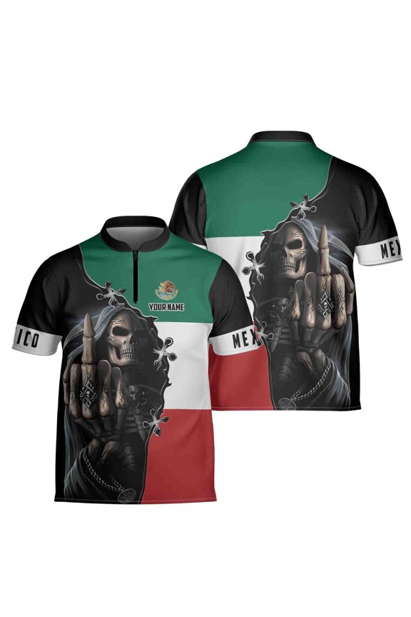 Custom Name Mexico Skull Reaper Mexico Flag Zipper Polo S-5XL
