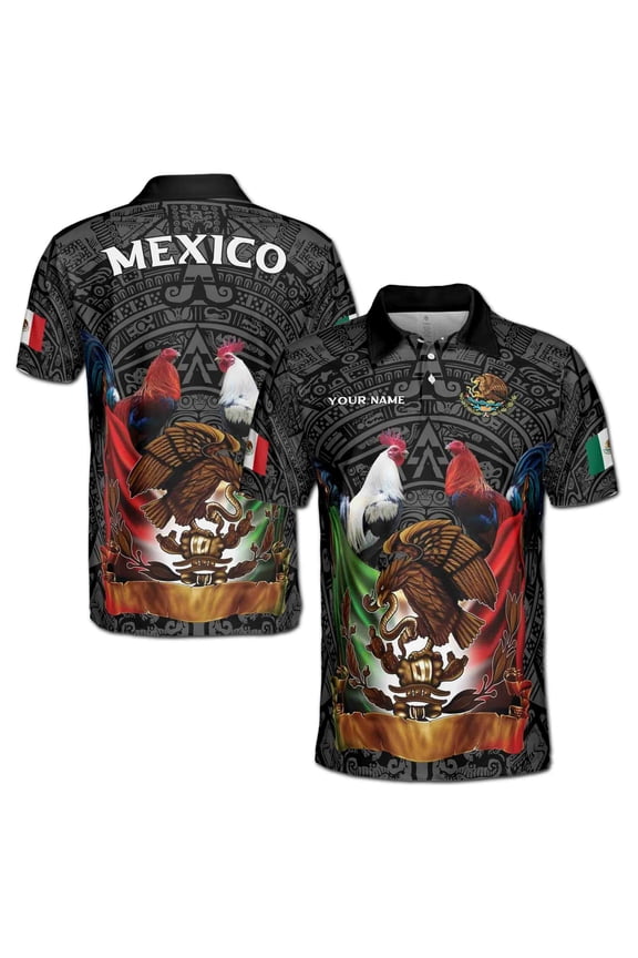 Custom Name Mexico Tattoo Tribal Mexico Coat of Arms Men's Polo Shirt S-5XL