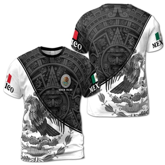 Custom Name Mexico Tribal Aztec Eagle Coat of Arms Men's T-shirt S-5XL