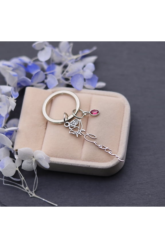 Custom Name Month of Birth Flower Birthstone Rose Keyring Stainless Steel Nameplate Keychain Couple Family Friends Birthday Gift