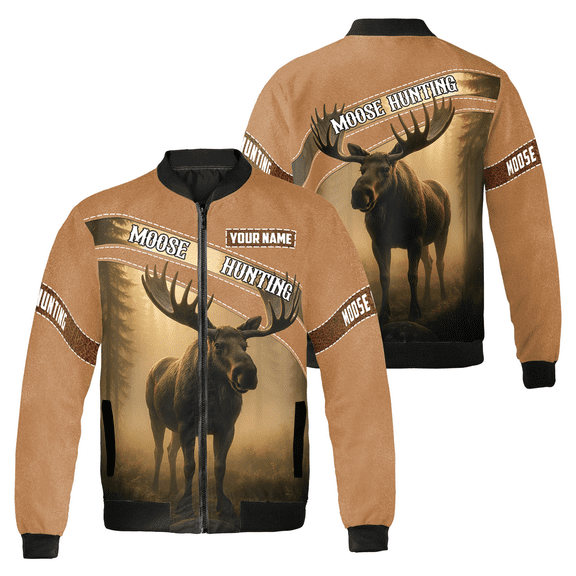 Custom Name Moose Hunting Graphic Bomber Jacket - Personalized Hunting Gear, Outdoor Wildlife Design Jacket