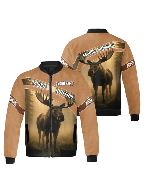 Custom Name Moose Hunting Graphic Bomber Jacket - Personalized Hunting Gear, Outdoor Wildlife Design Jacket