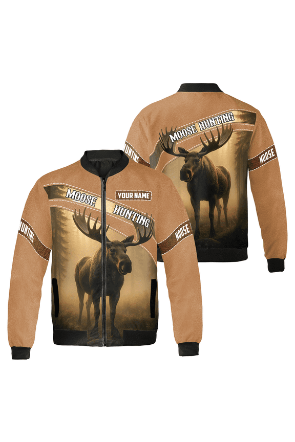 Custom Name Moose Hunting Graphic Bomber Jacket - Personalized Hunting Gear, Outdoor Wildlife Design Jacket