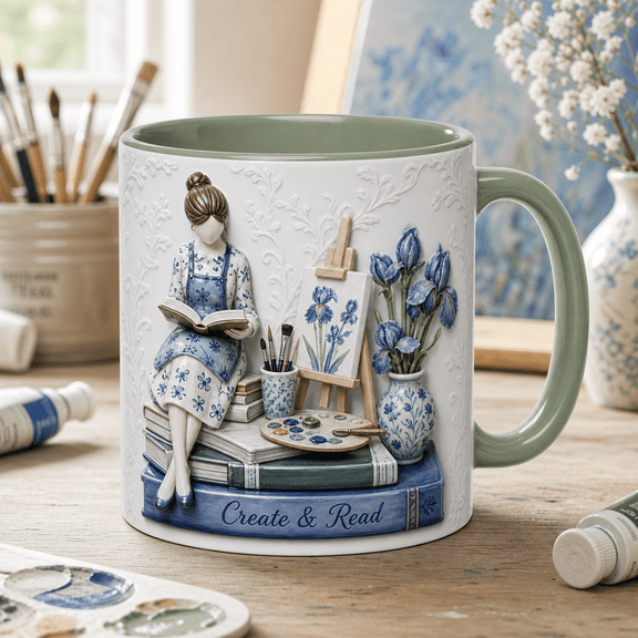Custom Name Mug Artist Studio Iris Ceramic Coffee Cup for Desk Artists and Book Lovers