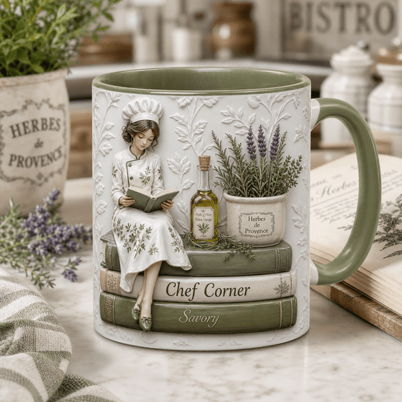 Custom Name Mug Chef Corner French Herb Design Coffee Cup for Chefs, Bakers, and Book Lovers