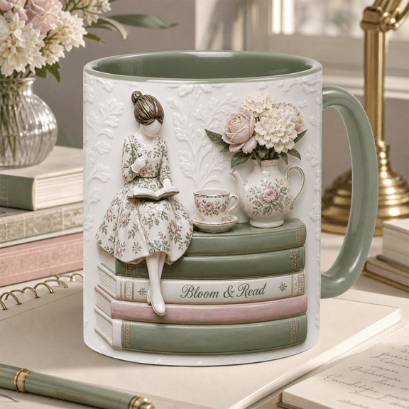 Custom Name Mug Floral Reading Ceramic Coffee Cup for Desk Study Time Readers