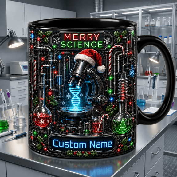 Custom Name Mug Merry Science Christmas Coffee Cup for Scientists and Lab Lovers