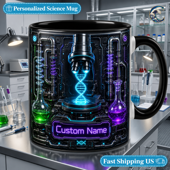 Custom Name Mug Neon Science Lab Ceramic Coffee Cup for Desk Scientist Gift
