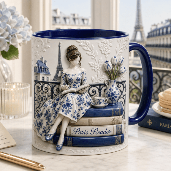 Custom Name Mug Paris Balcony Reader Tea and Coffee Cup for Book Lovers and Writers