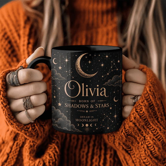 Custom Name Mug Shadow and Stars Personalized Coffee Cup for Celestial Fantasy Fans