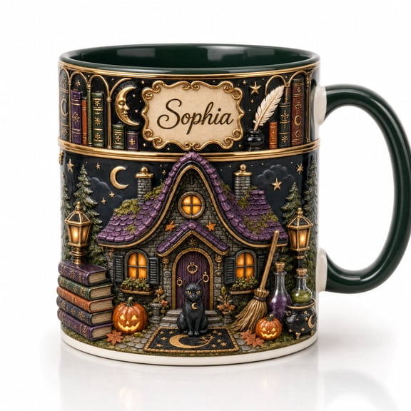 Custom Name Mug Spooky Book House Ceramic Coffee Cup for Halloween Library Lovers