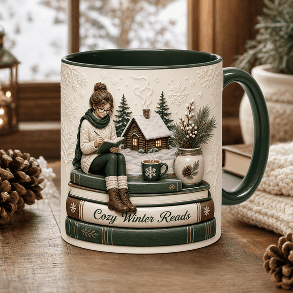 Custom Name Mug Winter Cabin Reader Design for Morning Coffee Book Lover Gift
