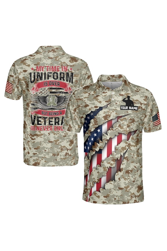 Custom Name My Time In Uniform Is Over Being A Veteran Never Ends Men's Polo S-5XL