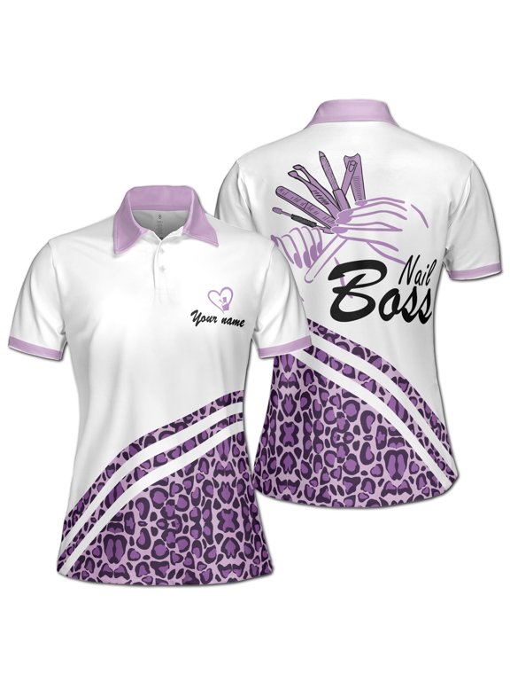 Custom Name Nails Boss Purple Leopard Pattern Women's Polo Shirt S-5XL