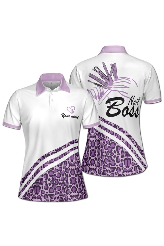 Custom Name Nails Boss Purple Leopard Pattern Women's Polo Shirt S-5XL