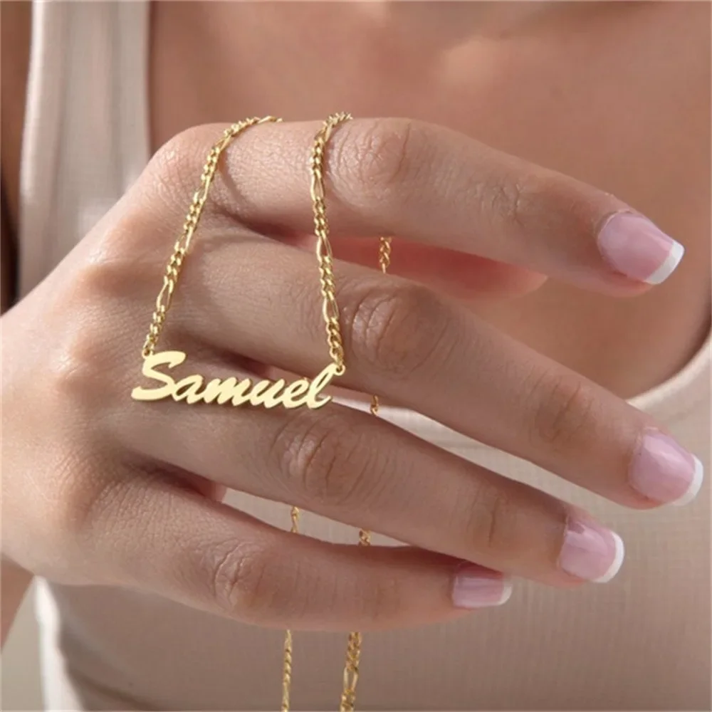 Custom Name Necklace for Women 14K Yellow Gold Jewelry Man Figaro Chain Personalized Nameplate Pendant Choker Gift Collar Hombre