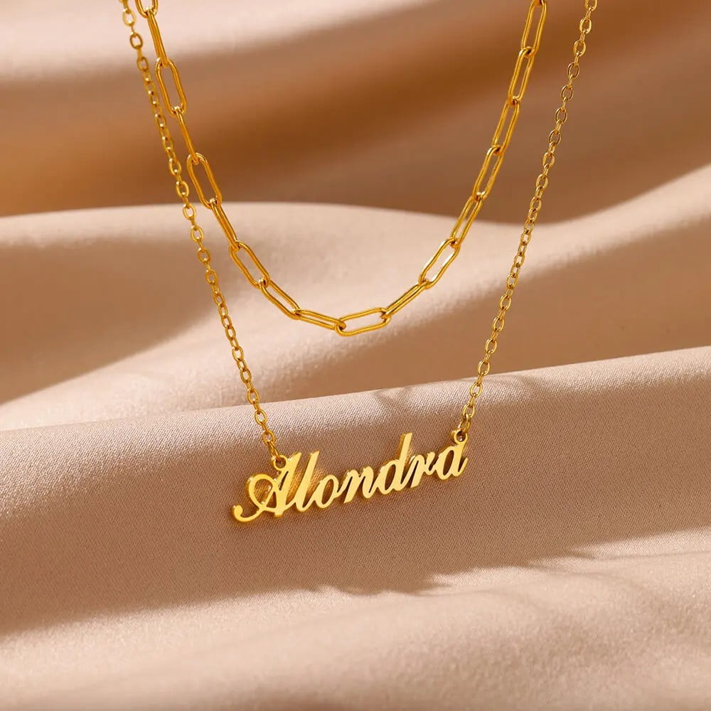 Custom Name Necklaces For Women Men 14K Yellow Gold Double Chains Customized Necklace Pendant Personalized Jewelry Gift