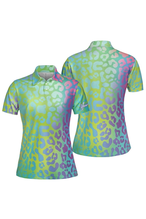 Custom Name Neon Rainbow Leopard Golf Women's Polo Shirt S-5XL
