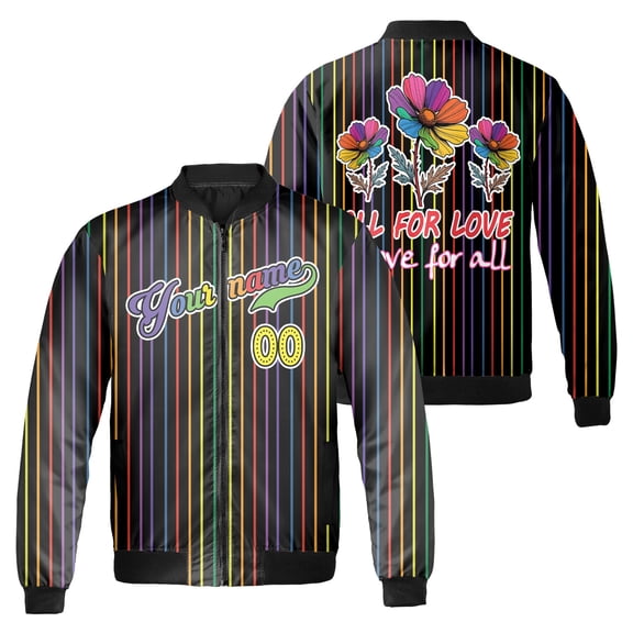 Custom Name Number All For Love Bomber Jacket, Rainbow Stripe and Colorful Flower Graphic, LGBT Pride Month Black Zip Up Jacket