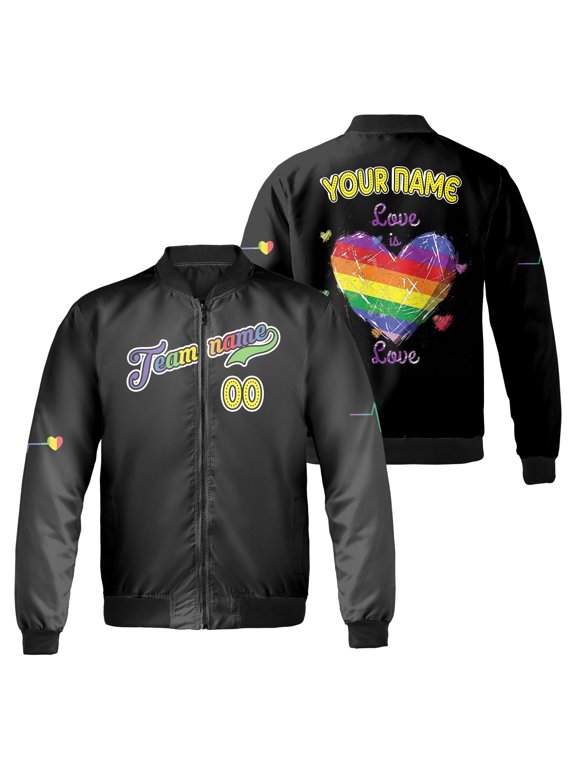 Custom Name Number Love Is Love Bomber Jacket, Rainbow Heart Graphic, LGBT Pride Month Black Zip Up Jacket