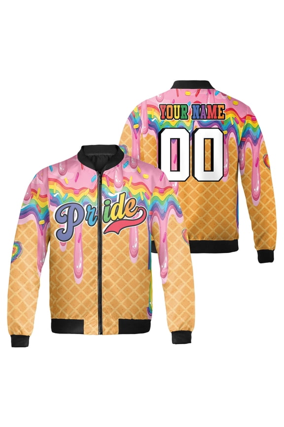 Custom Name Number Pride Bomber Jacket, Rainbow Ice Cream Drip and Waffle Cone Pattern Graphic Jacket, LGBT Pride Month Colorful Zip Up Jacket