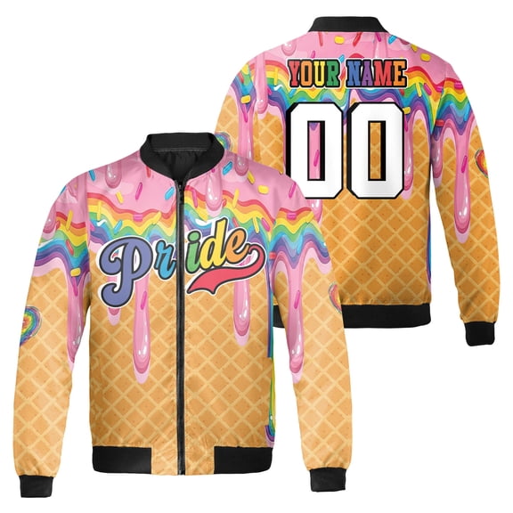 Custom Name Number Pride Bomber Jacket, Rainbow Ice Cream Drip and Waffle Cone Pattern Graphic Jacket, LGBT Pride Month Colorful Zip Up Jacket