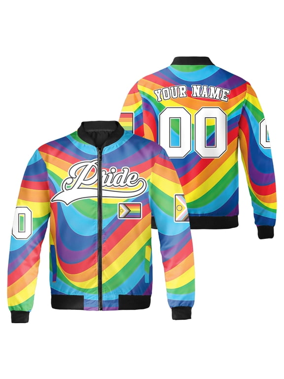 Custom Name Number Pride Bomber Jacket, Rainbow Swirl and Progress Pride Flag Graphic, LGBT Pride Month Colorful Zip Up Jacket