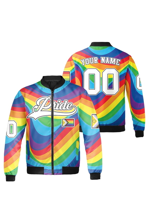 Custom Name Number Pride Bomber Jacket, Rainbow Swirl and Progress Pride Flag Graphic, LGBT Pride Month Colorful Zip Up Jacket