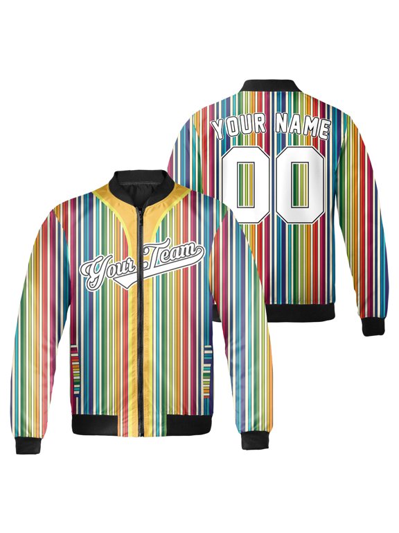 Custom Name Number Pride Bomber Jacket, Rainbow Vertical Stripes Graphic, LGBT Pride Month Colorful Zip Up Jacket