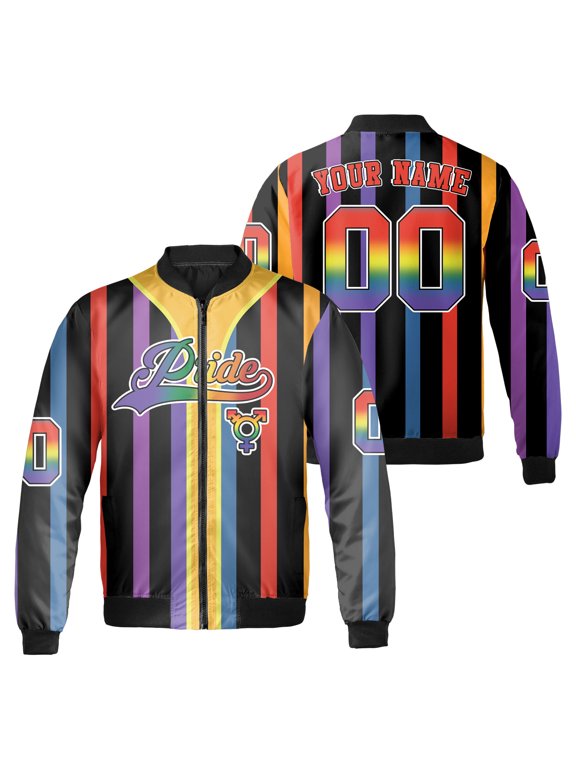 Custom Name Number Pride Bomber Jacket, Rainbow Vertical Stripes and Gender Symbol Graphic, LGBT Pride Month Black Zip Up Jacket