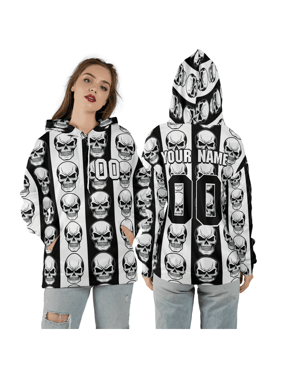 Custom Name & Number Skull Pattern 3D Hoodie, Biker Skull 3D Hooded Sweatshirt, Black White Gothic All-Over Print Hoodie