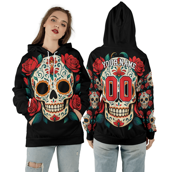 Custom Name & Number Sugar Skull Rose 3D Hoodie, Gothic Mexican Custom Name 3D Hooded Sweatshirt, Roses Skull Pattern 3D Print Hoodie