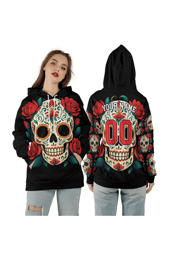 Custom Name & Number Sugar Skull Rose 3D Hoodie, Gothic Mexican Custom Name 3D Hooded Sweatshirt, Roses Skull Pattern 3D Print Hoodie