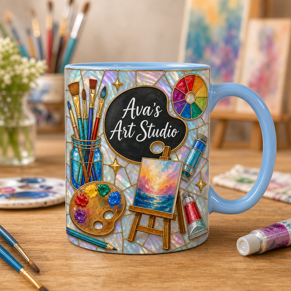 Custom Name Painter Mug 3D Effect Personalized Stained Glass Art Studio Gift
