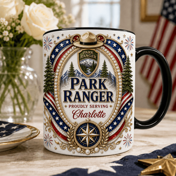 Custom Name Park Ranger 3D Effect Mug, Personalized Red White Blue Ranger Gift