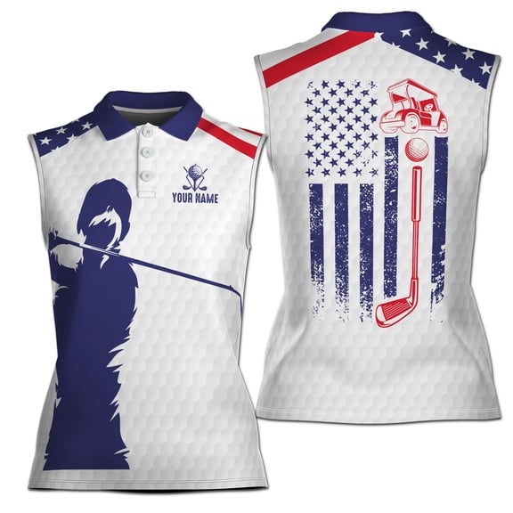 Custom Name Patriotic American Lady Golfer Women Sleeveless Polo XS-4XL