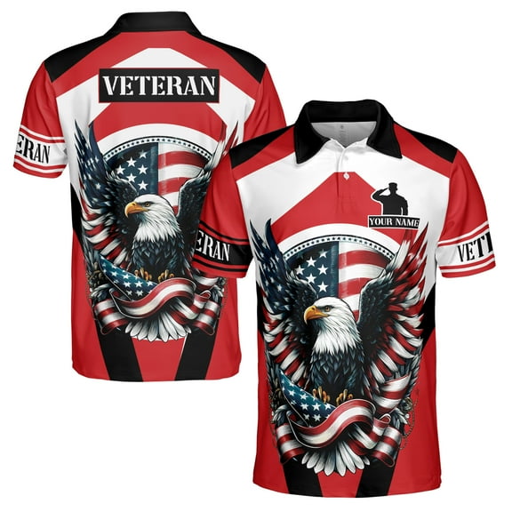 Custom Name Patriotic US Flag Eagle Veteran Men's Polo Shirt S-5XL