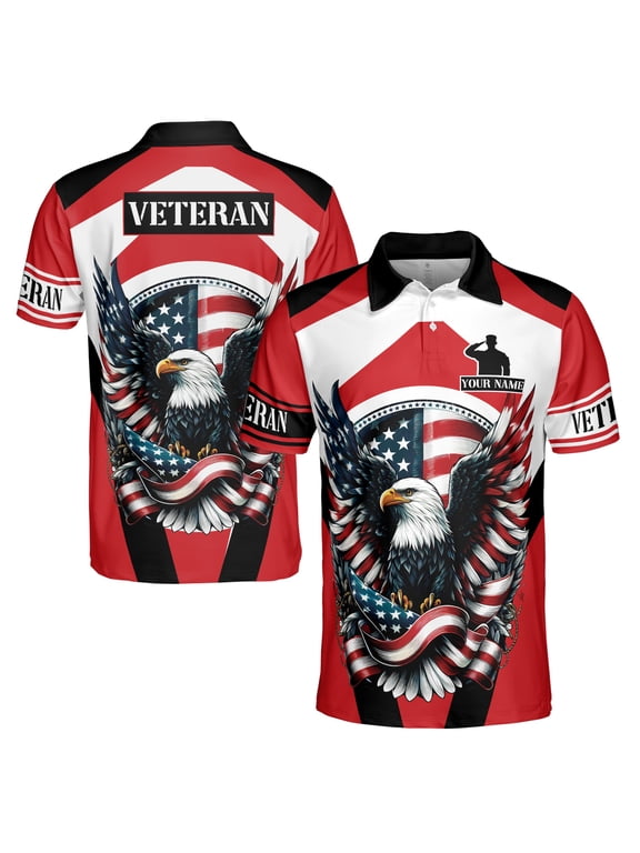 Custom Name Patriotic US Flag Eagle Veteran Men's Polo Shirt S-5XL