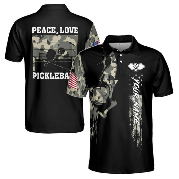 Custom Name Peace Love Pickleball America Flag Skull Camo Men's Polo Shirt S-5XL