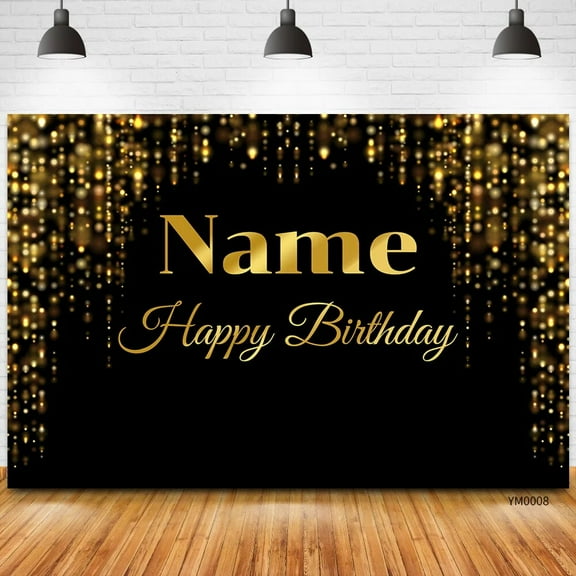 Custom Name Photo Happy Birthday Party Backdrop Black And Gold Sparkle Shining Dot Photography Background Banner Photocall r
