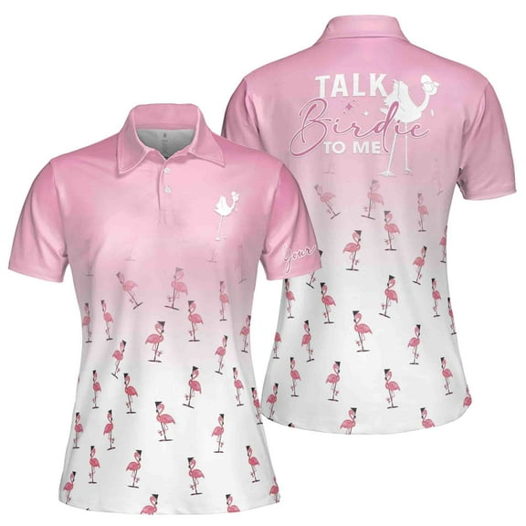 Custom Name Pink And White Golf Flamingo Talk Birdie To Me Women's Polo Shirt S-5XL