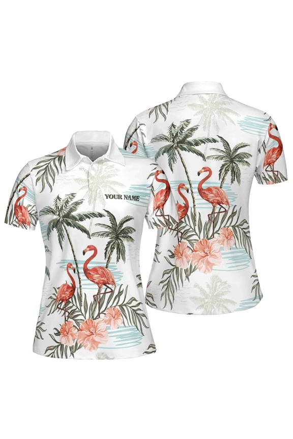 Custom Name Pink Flamingo Summer Tropical Leaf Floral Women 3D Polo Shirt S-5XL