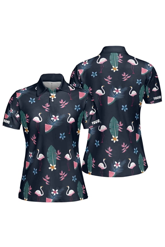 Custom Name Pink Flamingo Tropical Leaf Watermelon Women 3D Polo Shirt S-5XL