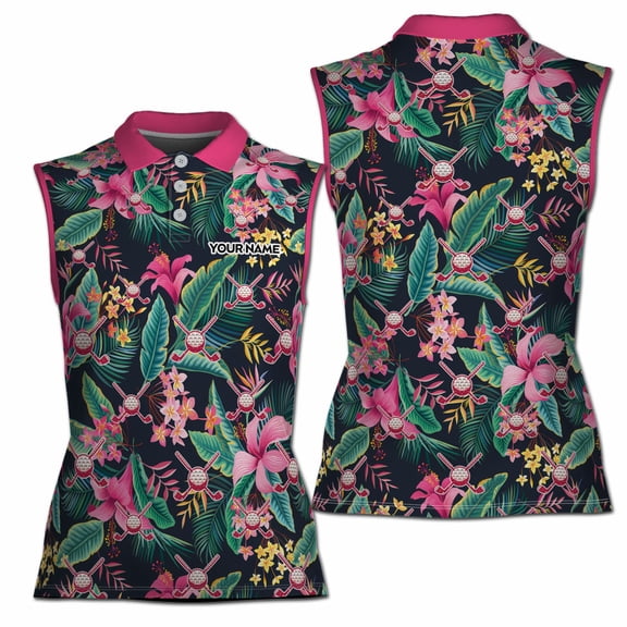 Custom Name Pink Floral Golfer Women Sleeveless Polo XS-4XL