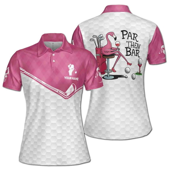 Custom Name Pink Golf and Par Then Bar Flamingo Women's Polo S-5XL