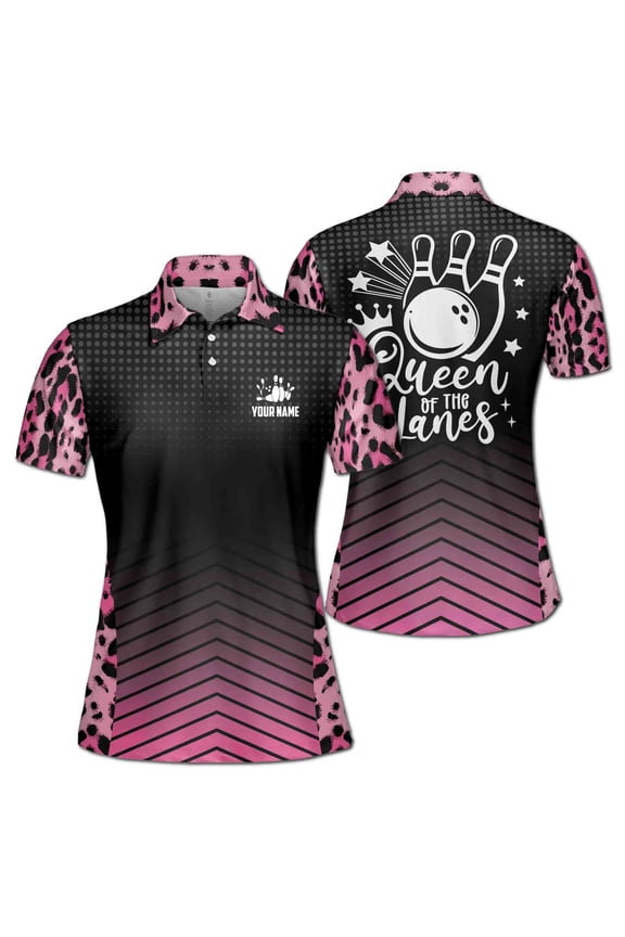 Custom Name Pink Leopard Queen Of The Lanes Bowling Women's Polo Shirt S-5XL